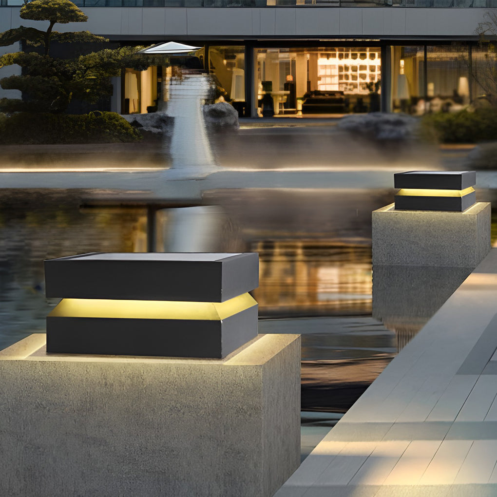 Square Solar Post Cap Light, Black Outdoor Pillar Light