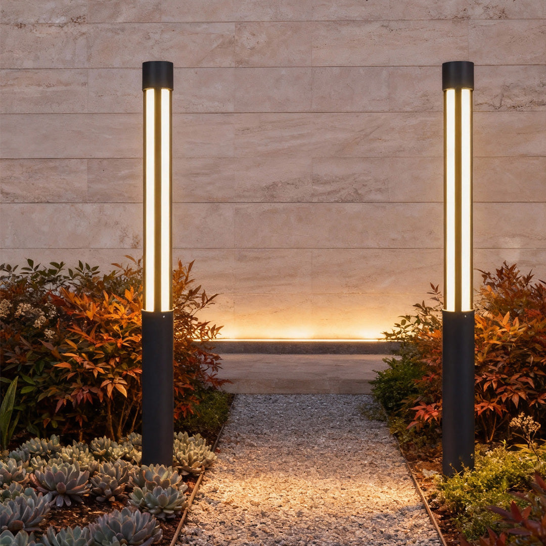 Modern LED Bollard Light, Black Cylindrical Pathway Post