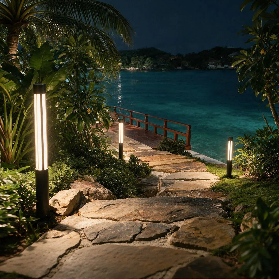 Modern LED Bollard Light, Black Cylindrical Pathway Post