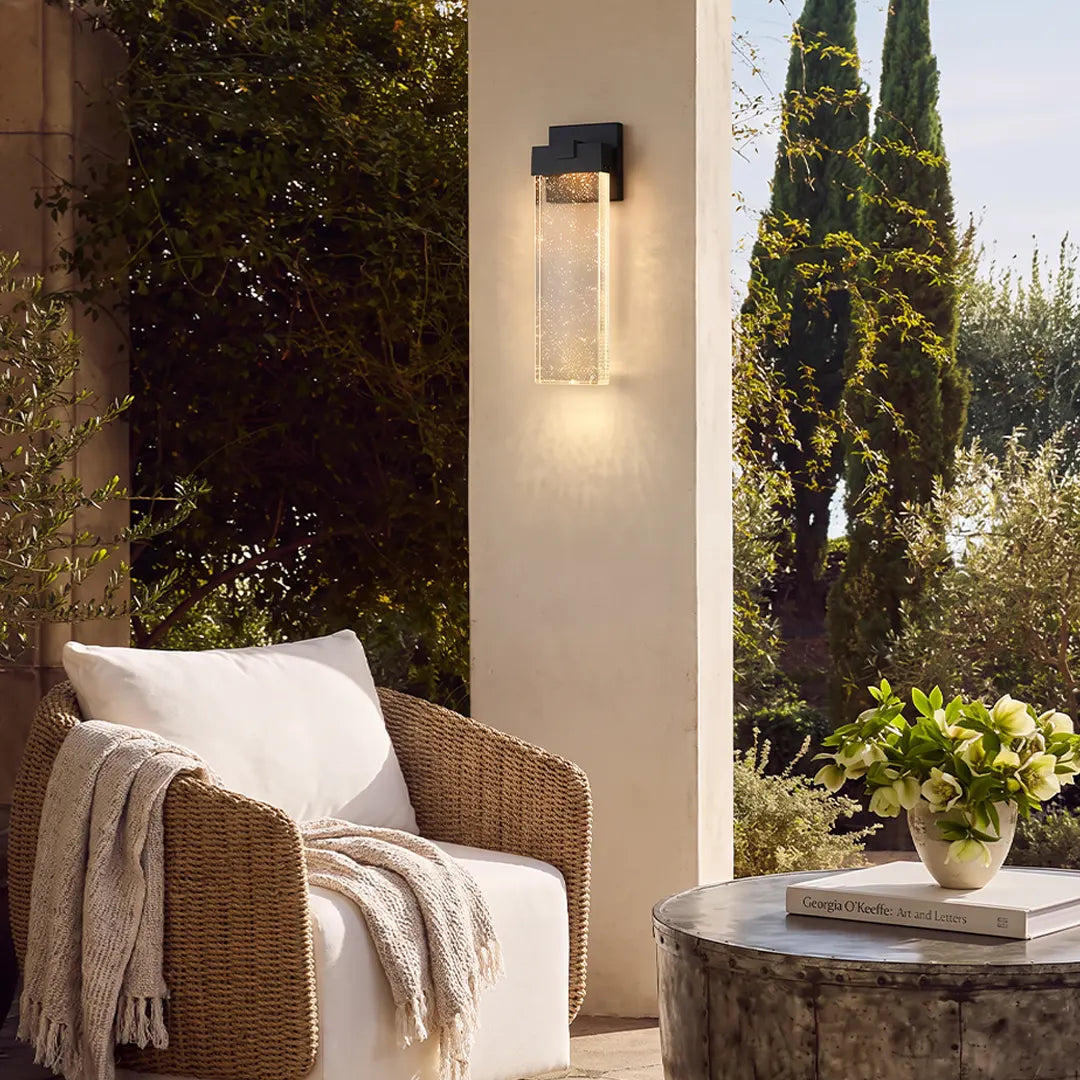Outdoor Wall Sconce, Seeded Glass Black Bubble LED Light