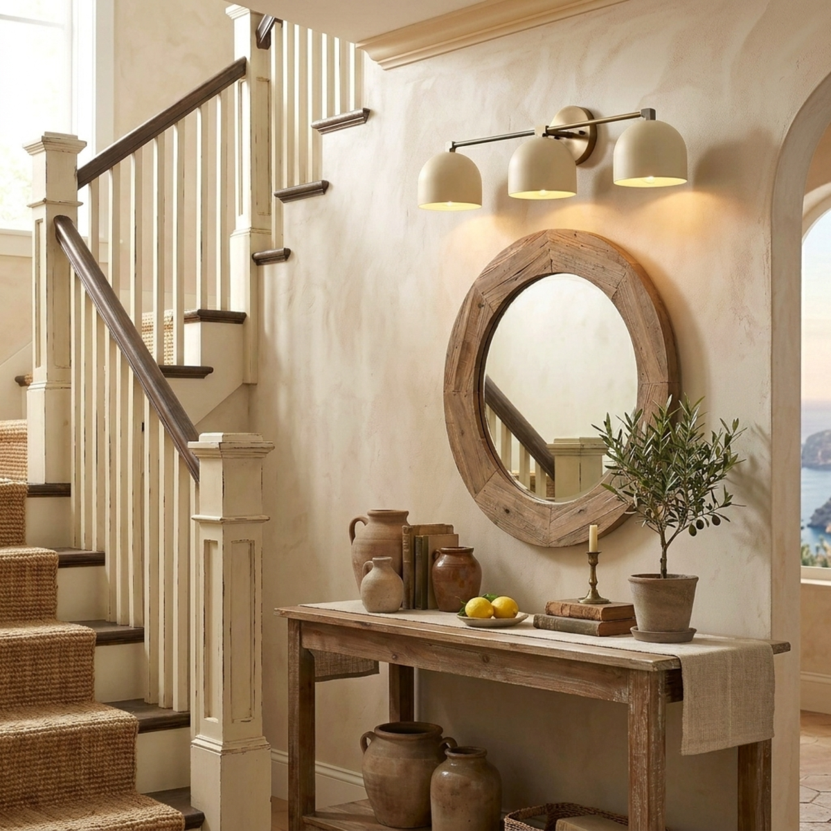 Mid-Century Brass Dome Vanity Light — Casa Amalfi Modern Bathroom Sconce with Fluted Milk Glass Shade