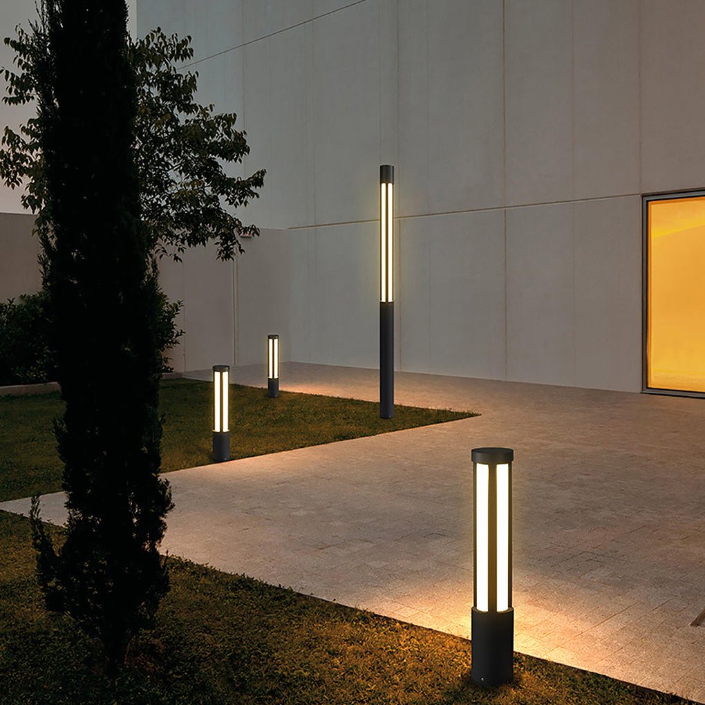 Modern LED Bollard Light, Black Cylindrical Pathway Post