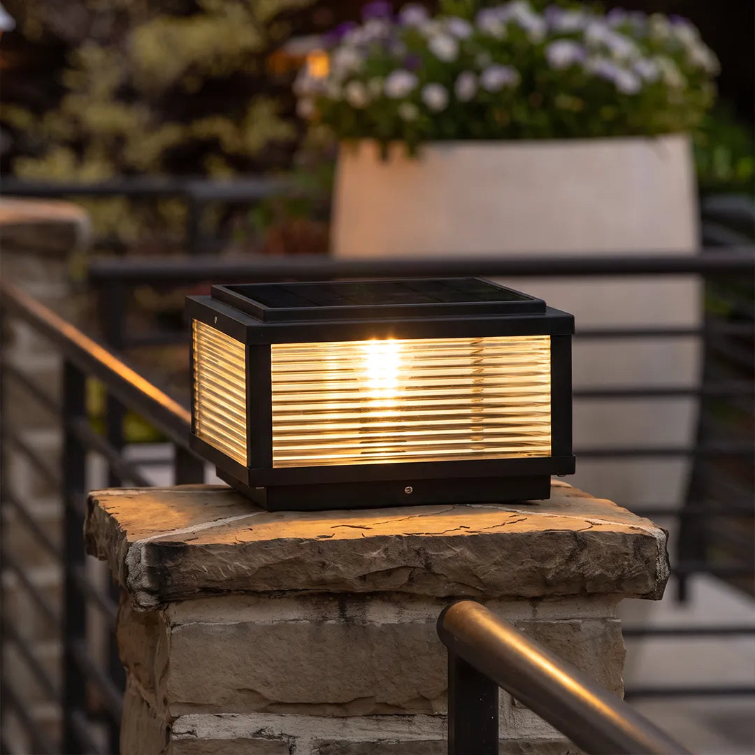 Square Solar Pillar Light, Ribbed Glass Outdoor Post Lamp