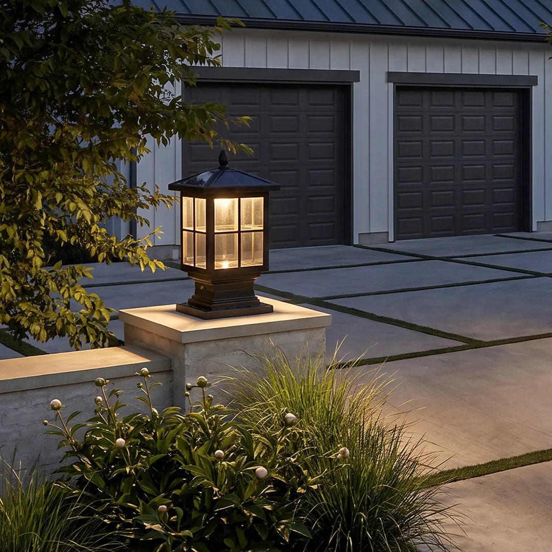 Black Solar Pillar Light, Traditional Outdoor Post Lantern