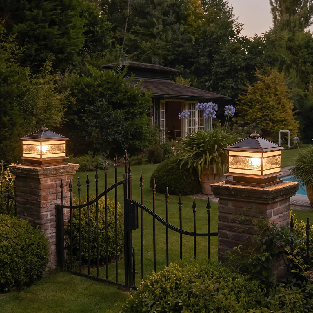 Copper Solar Pillar Light, Retro Brass Outdoor Post Lantern