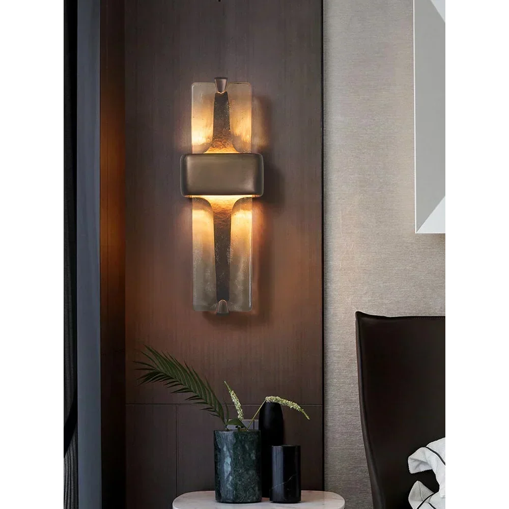 Textured Glass Wall Sconce, Solid Brass Column Wall Light