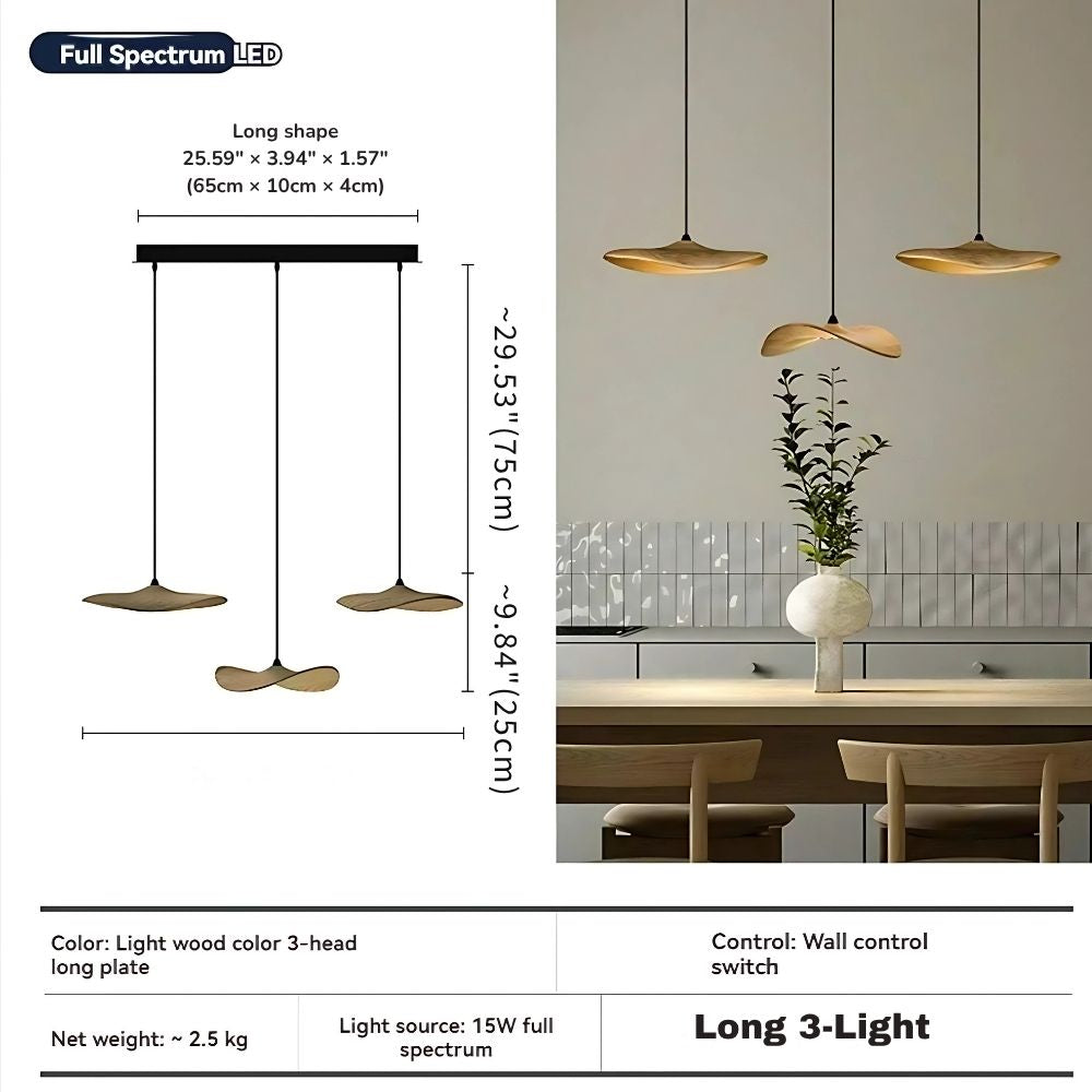 Wood petal cascade LED chandelier dimensions - Long 3 Light