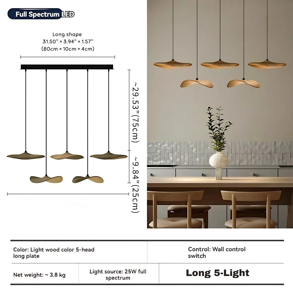 Wood petal cascade LED chandelier dimensions - Long 5 Light