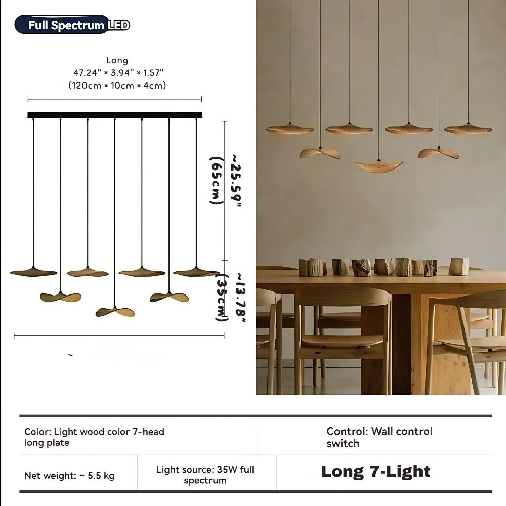Wood petal cascade LED chandelier dimensions - Long 7 Light