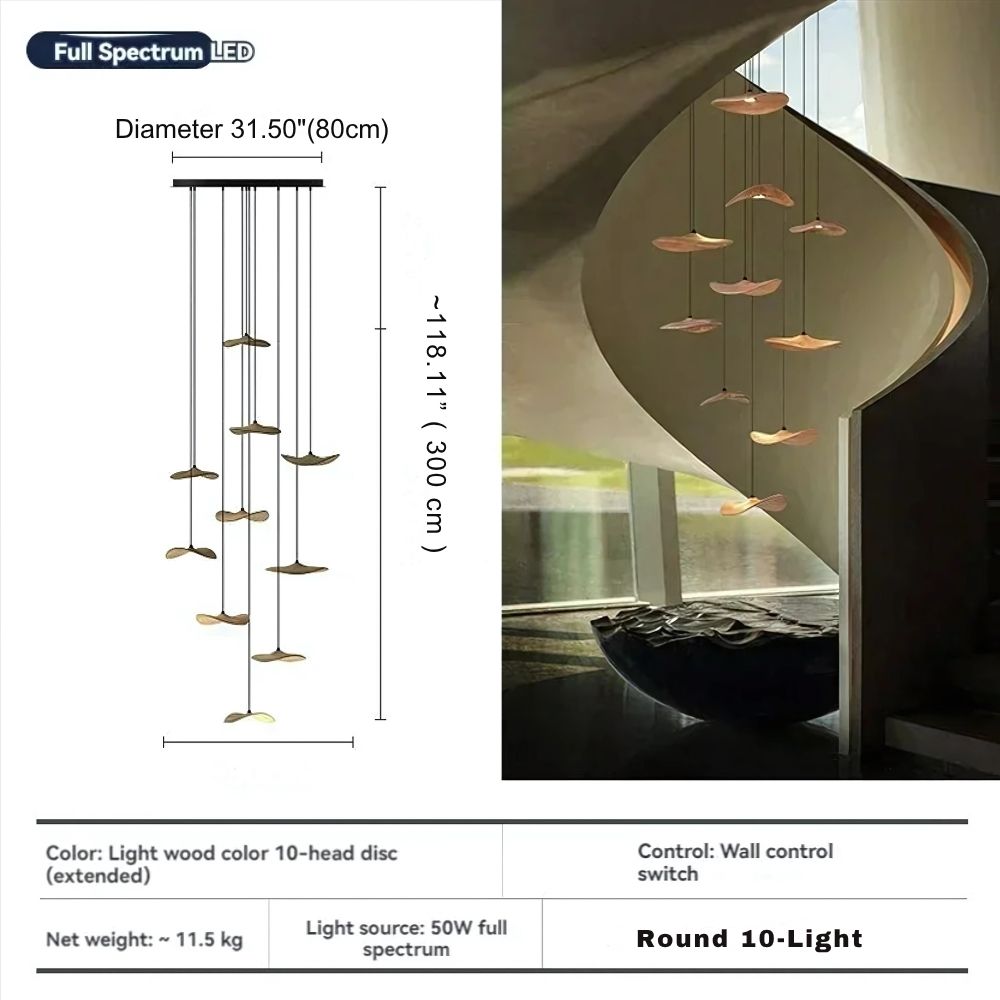 Wood petal cascade LED chandelier dimensions - Round 10 Light