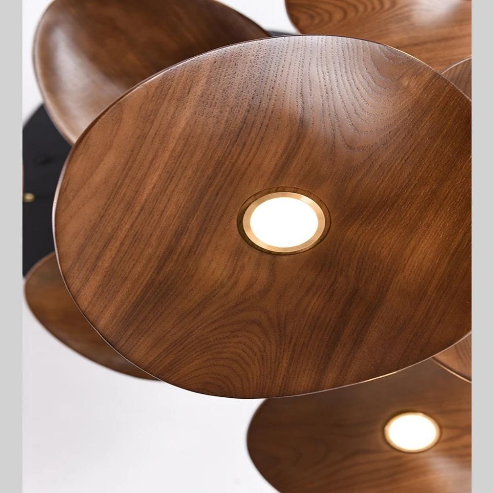 Wood petal cascade LED chandelier - LED disc close-up