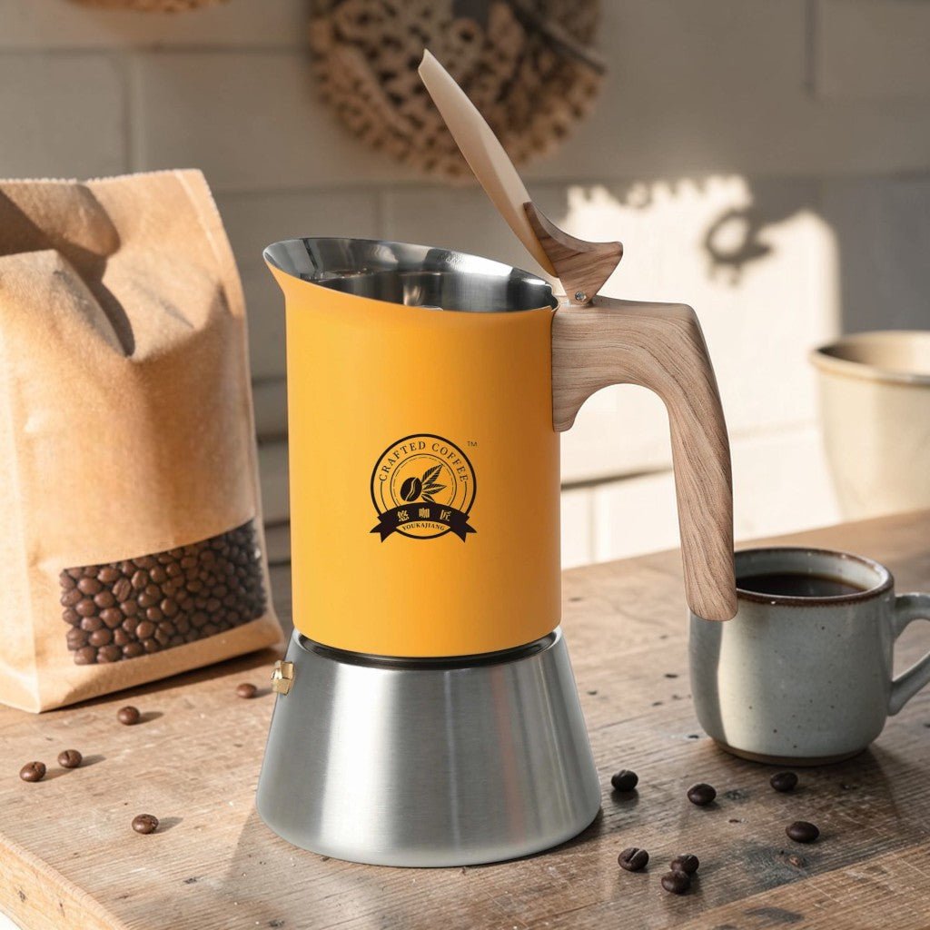 Yellow Induction Moka Pot, Stainless Steel with Wood Handle
