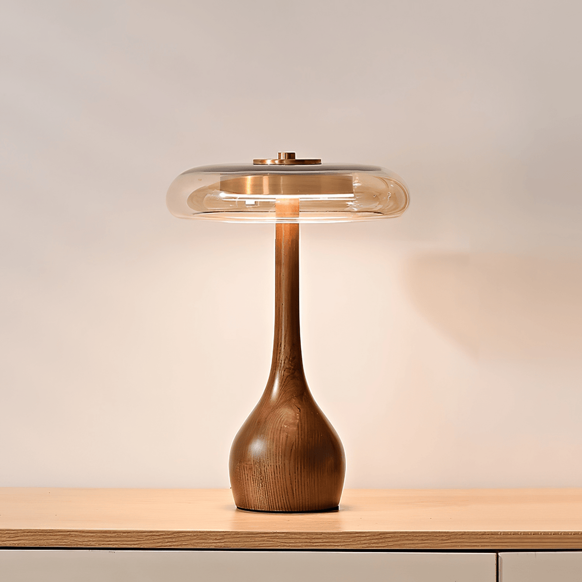 Amber Glass Table Lamp, Curved Walnut Base Bedside Lamp