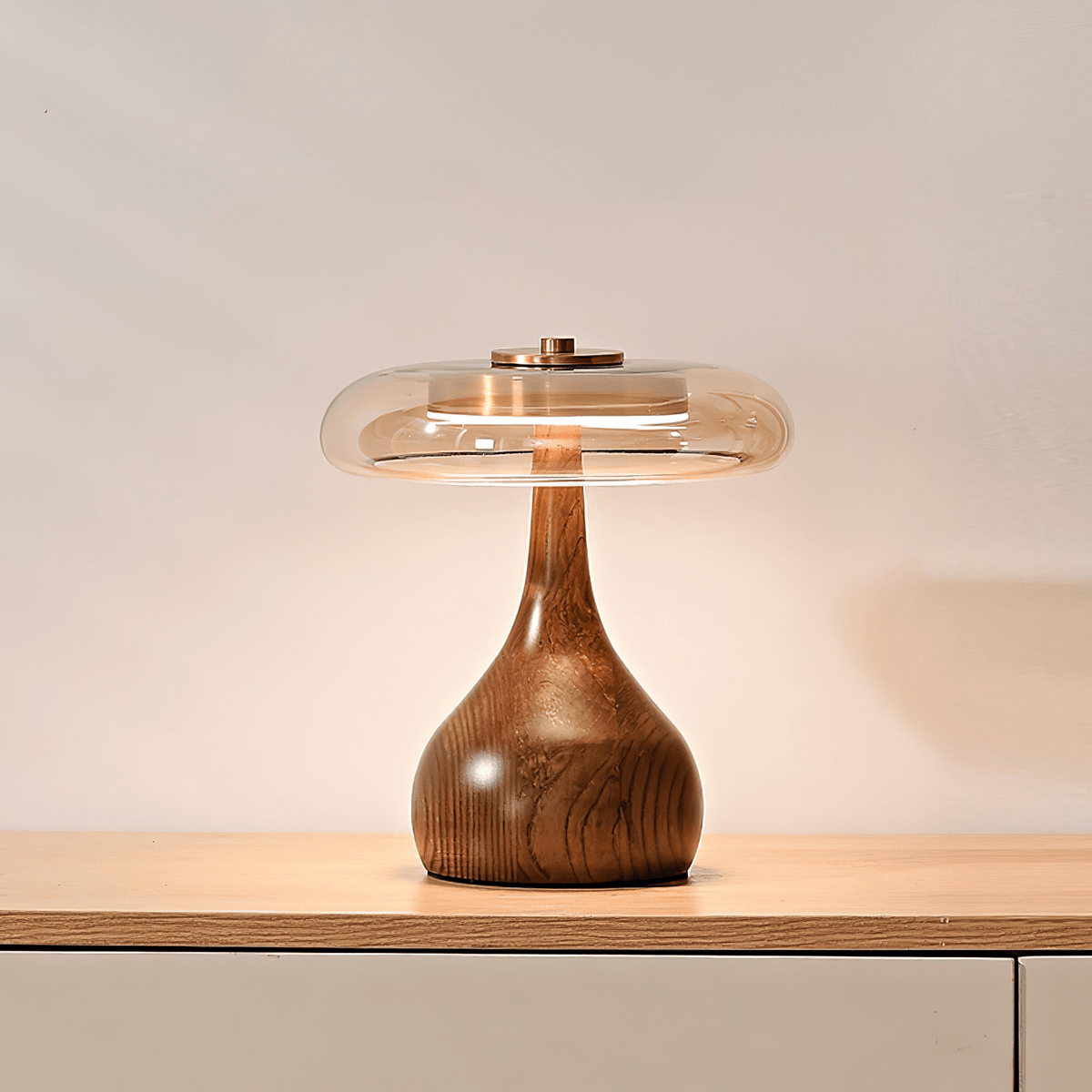 Amber Glass Table Lamp, Curved Walnut Base Bedside Lamp