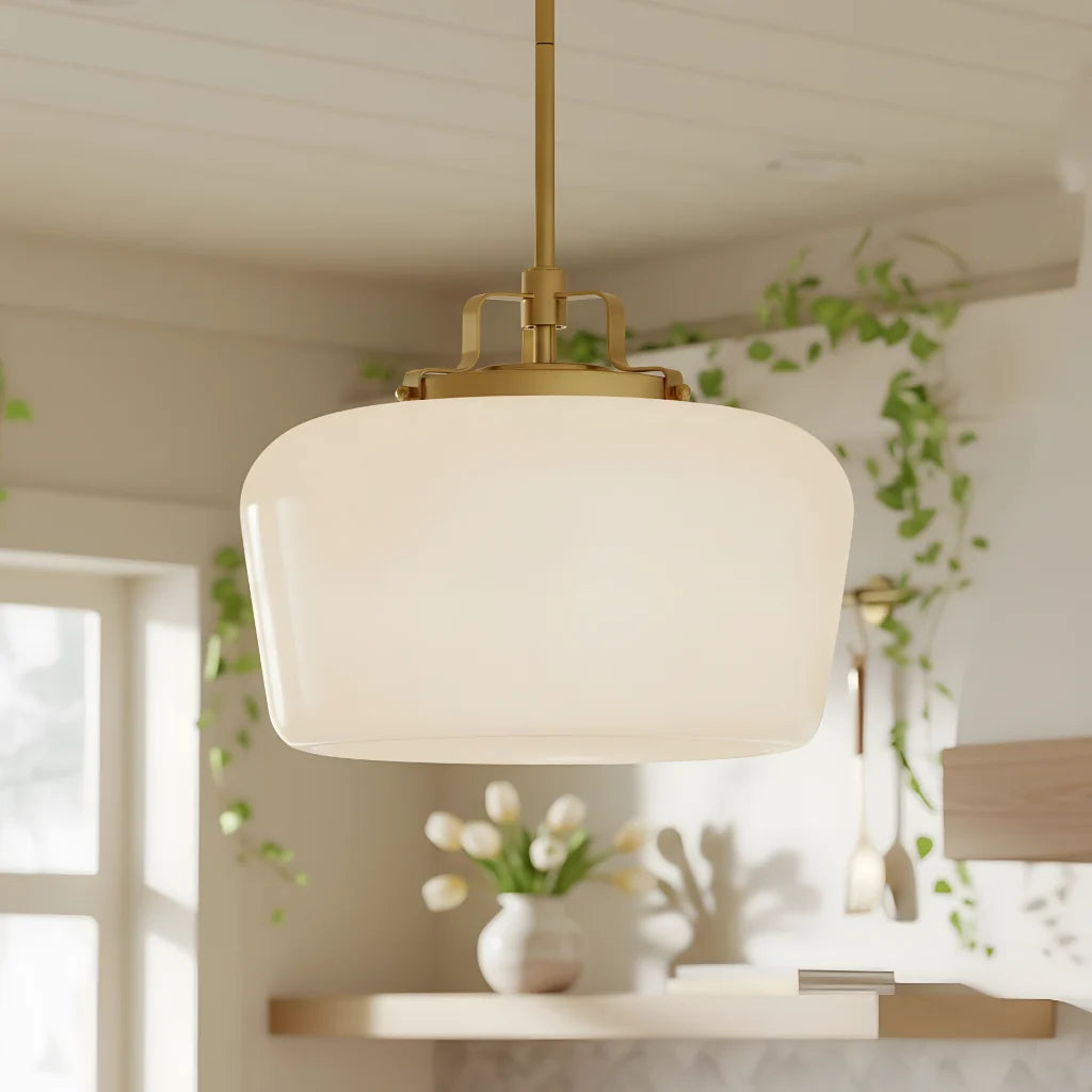 Milk Glass Pendant Light, 15 in Antique Brass Kitchen Light