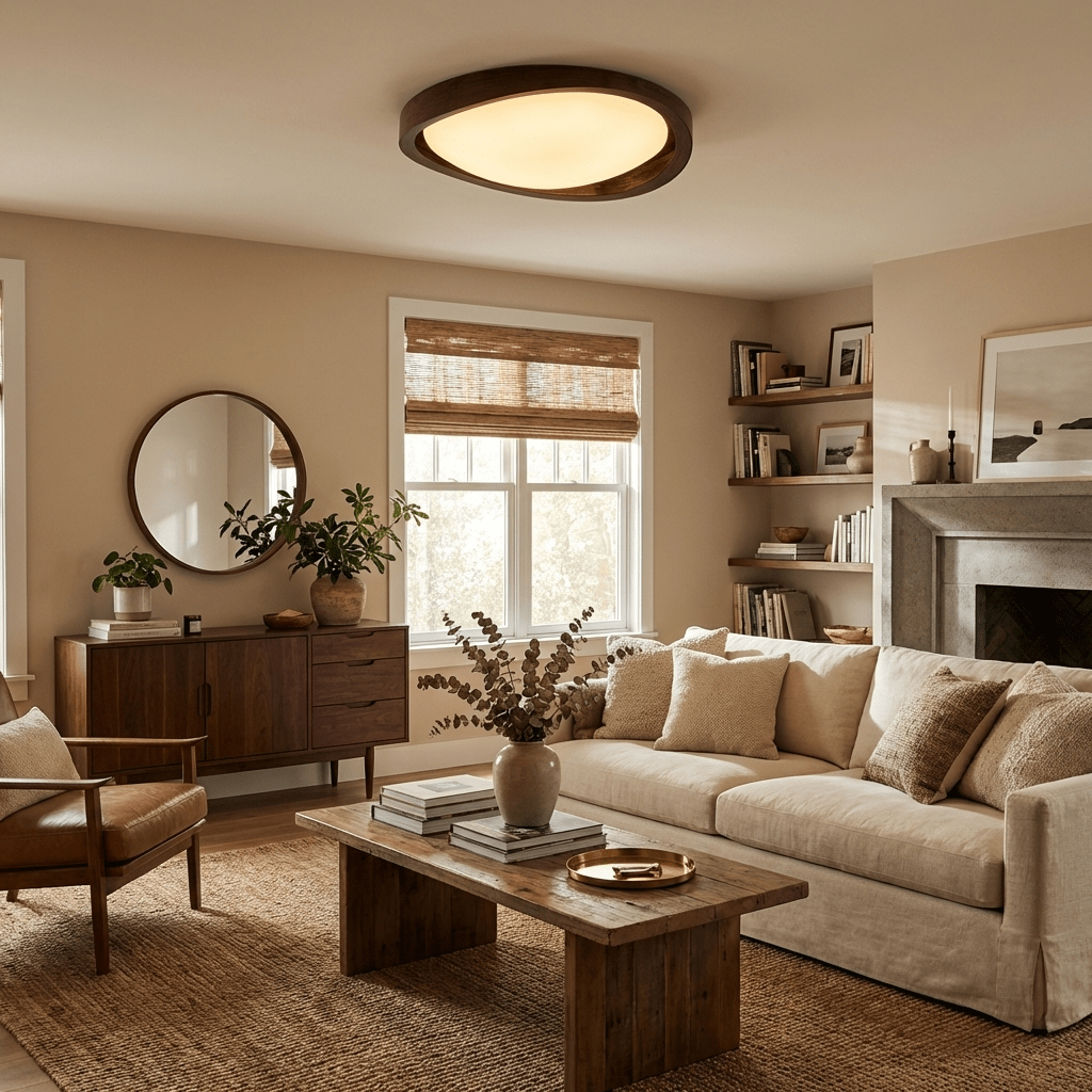 Walnut Flush Mount Ceiling Light, Curved Edge LED Lamp