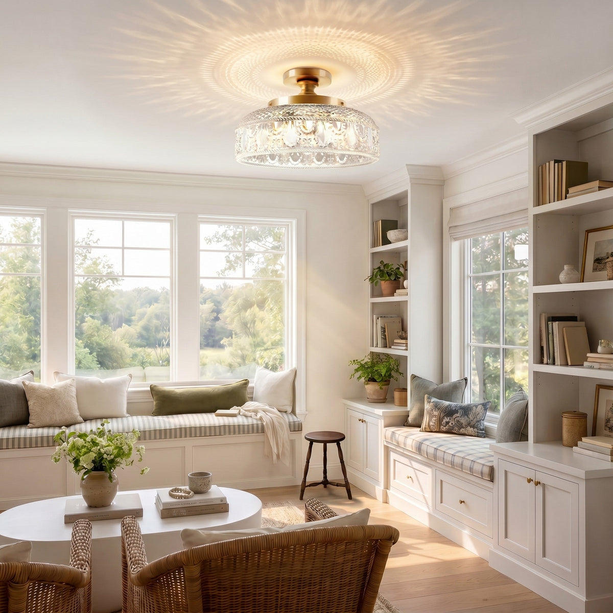 Textured Glass Ceiling Light, Carved Disc Flush Mount