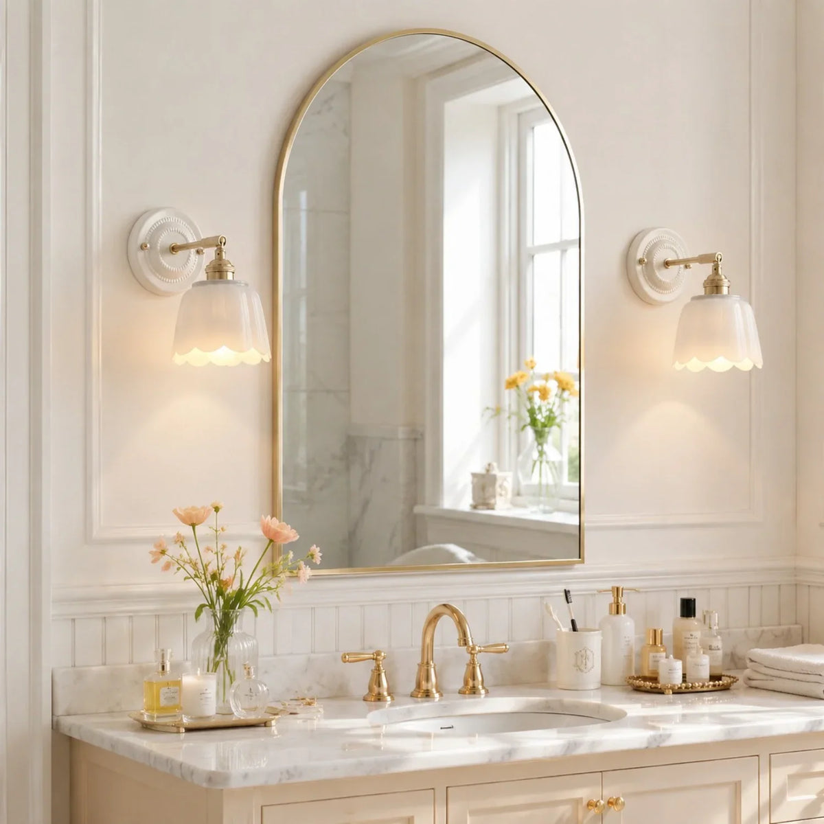 Scalloped Ceramic Wall Sconce, Adjustable Arm Flower Light