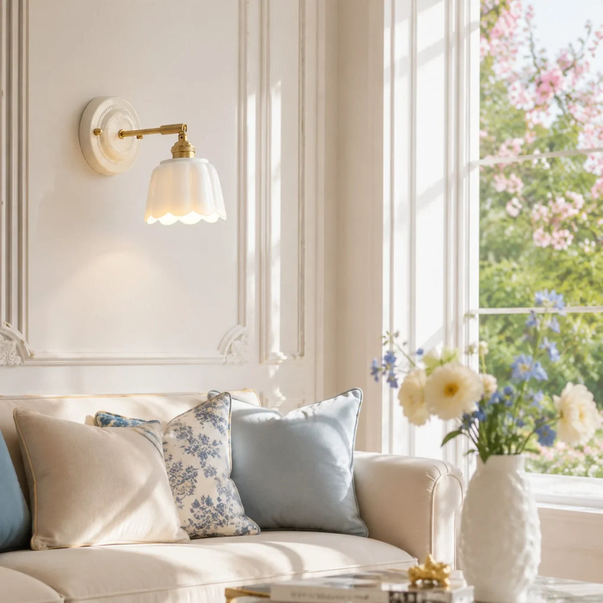 Scalloped Ceramic Wall Sconce, Adjustable Arm Flower Light