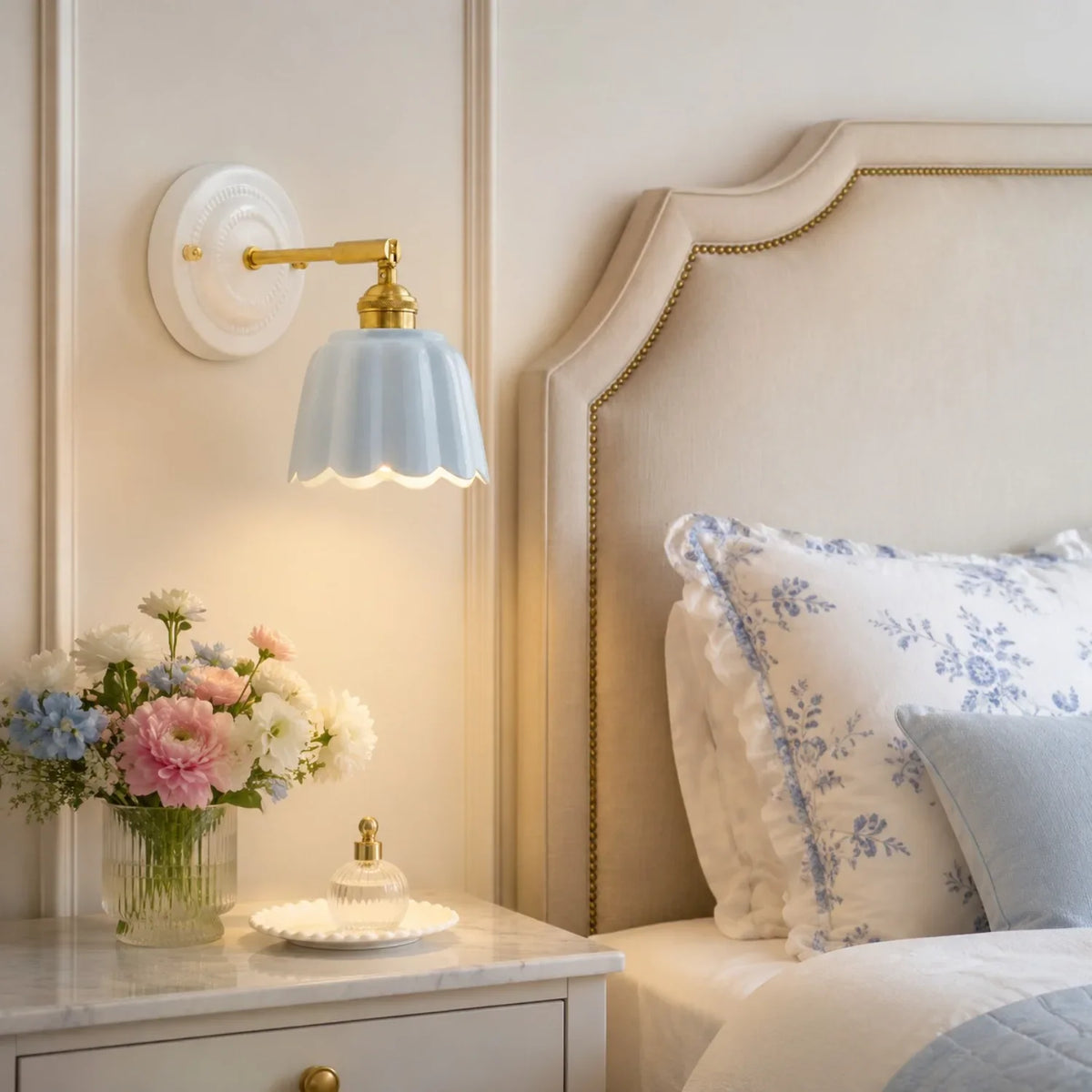 Scalloped Ceramic Wall Sconce, Adjustable Arm Flower Light
