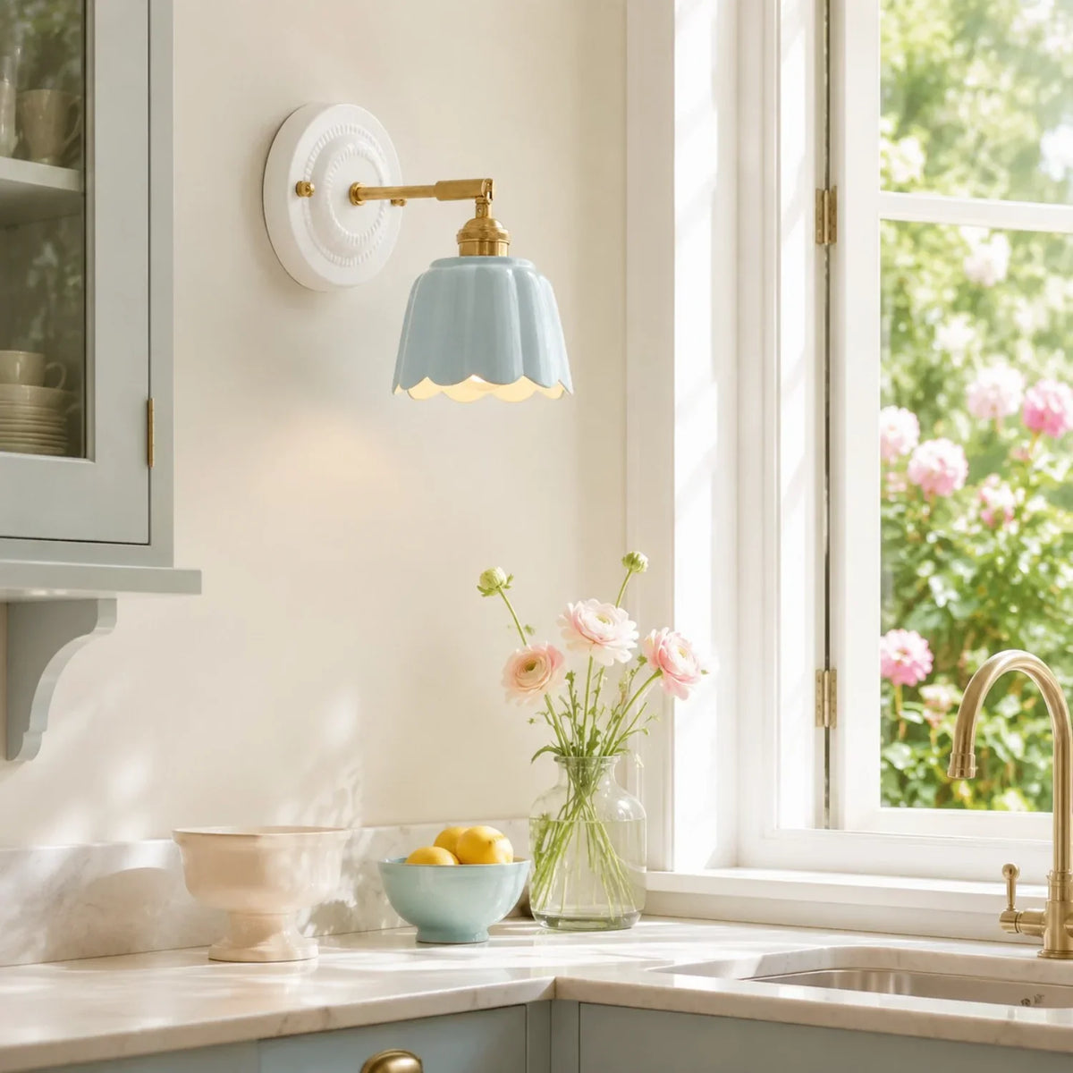 Scalloped Ceramic Wall Sconce, Adjustable Arm Flower Light