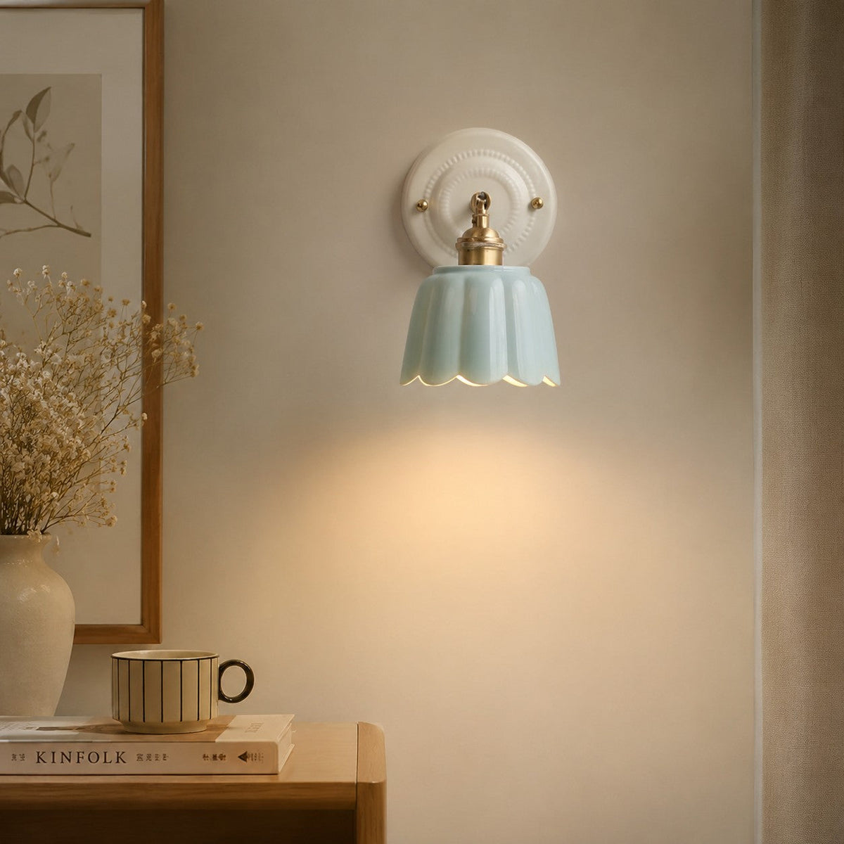 Scalloped Ceramic Wall Sconce, Adjustable Arm Flower Light