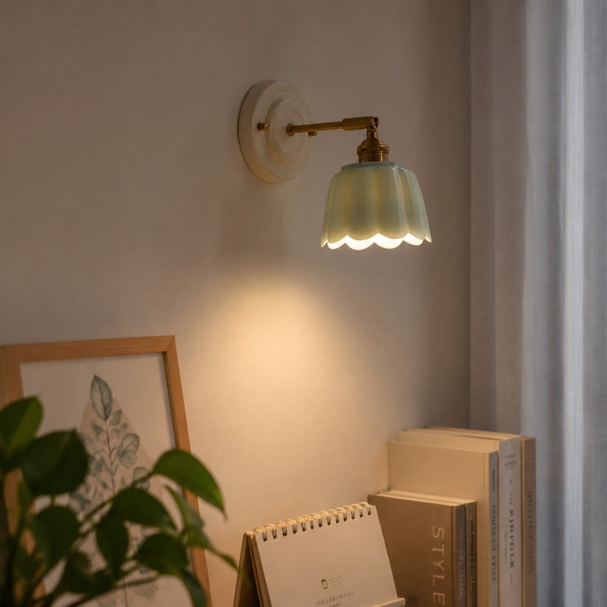 Scalloped Ceramic Wall Sconce, Adjustable Arm Flower Light