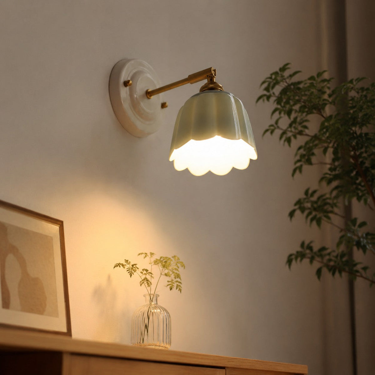 Scalloped Ceramic Wall Sconce, Adjustable Arm Flower Light