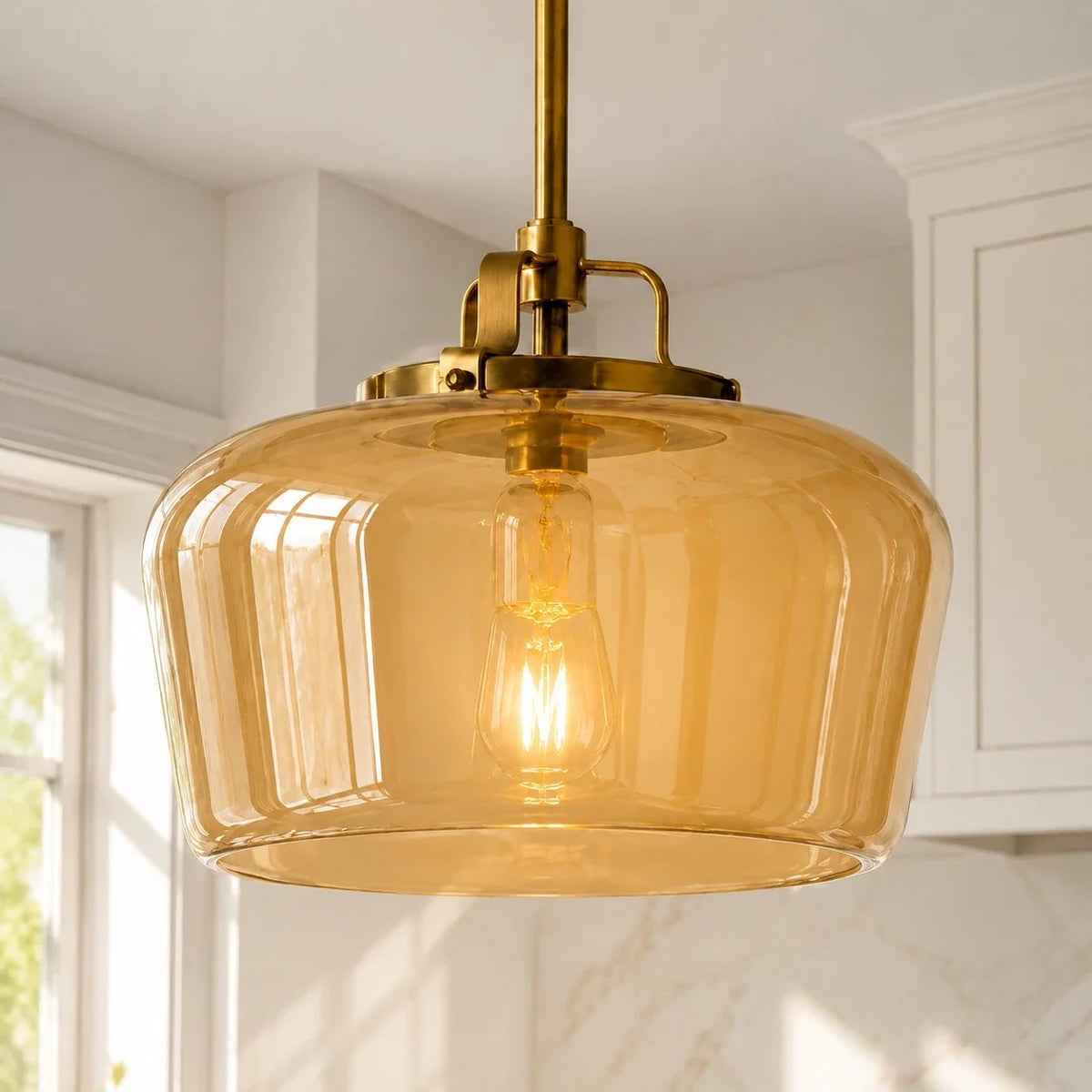 Milk Glass Pendant Light, 15 in Antique Brass Kitchen Light
