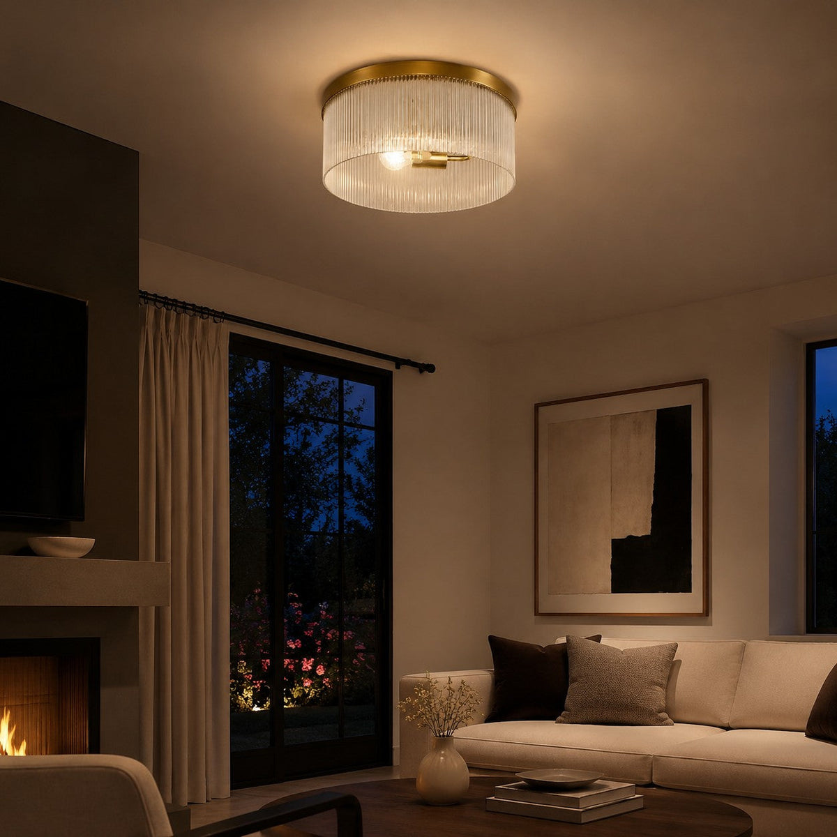 Ribbed Glass Flush Mount Light, Farmhouse 2-Light, 14 in