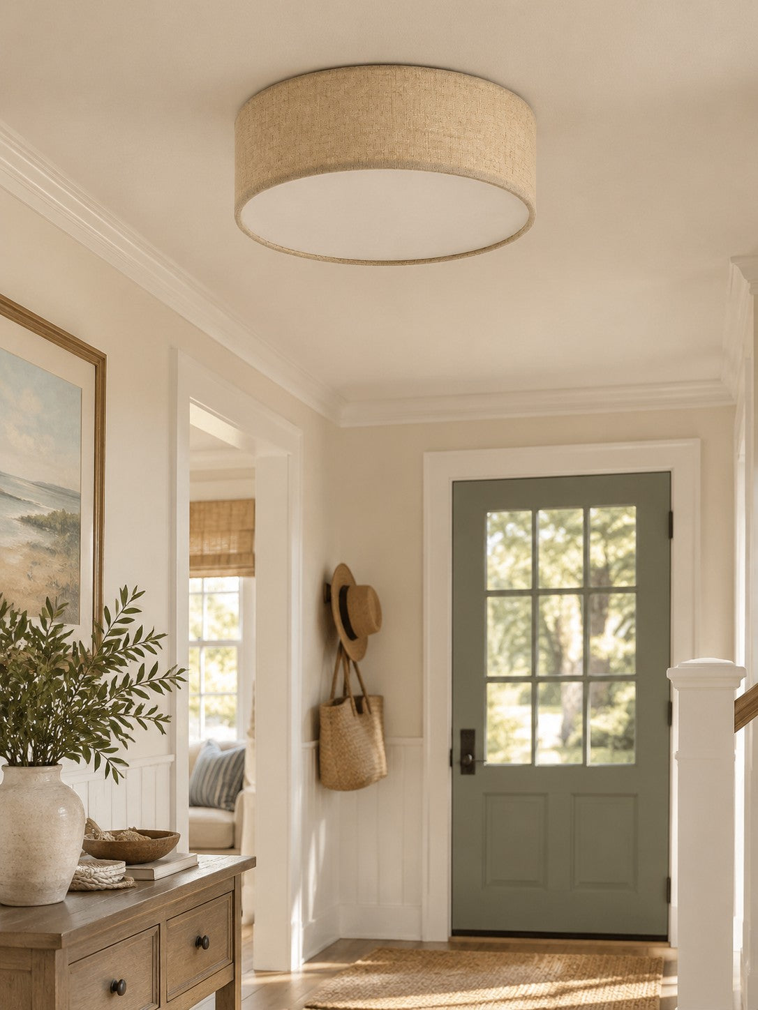Linen Drum Flush Mount Ceiling Light, Low Profile Lamp