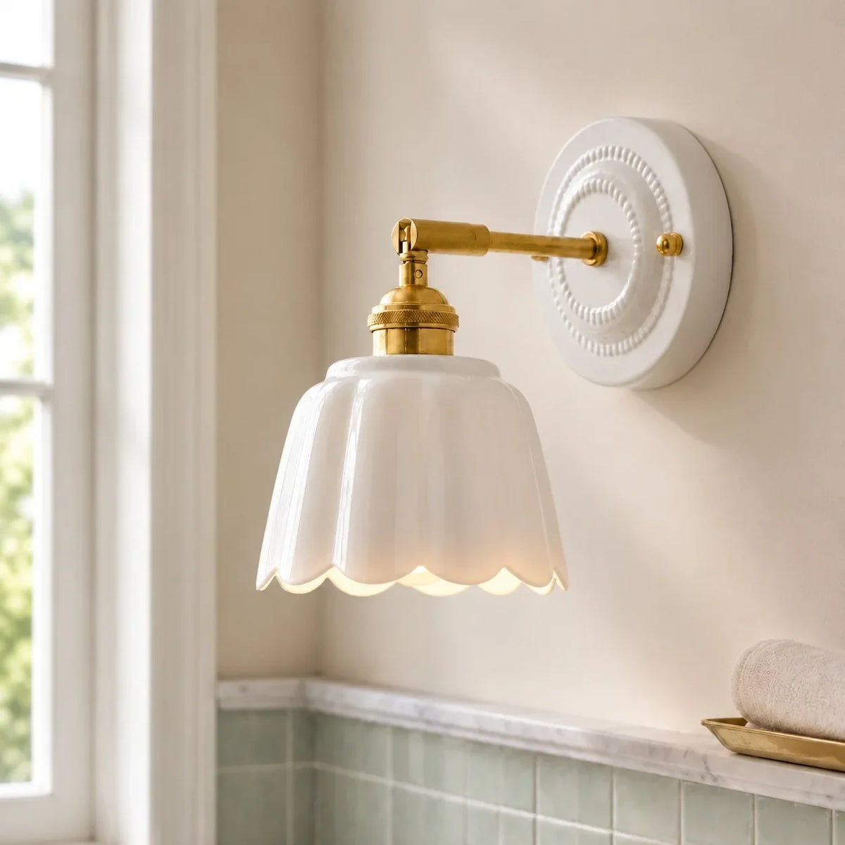 Scalloped Ceramic Wall Sconce, Adjustable Arm Flower Light