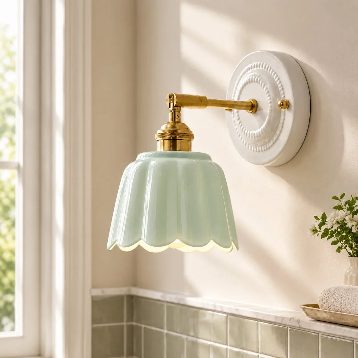 Scalloped Ceramic Wall Sconce, Adjustable Arm Flower Light