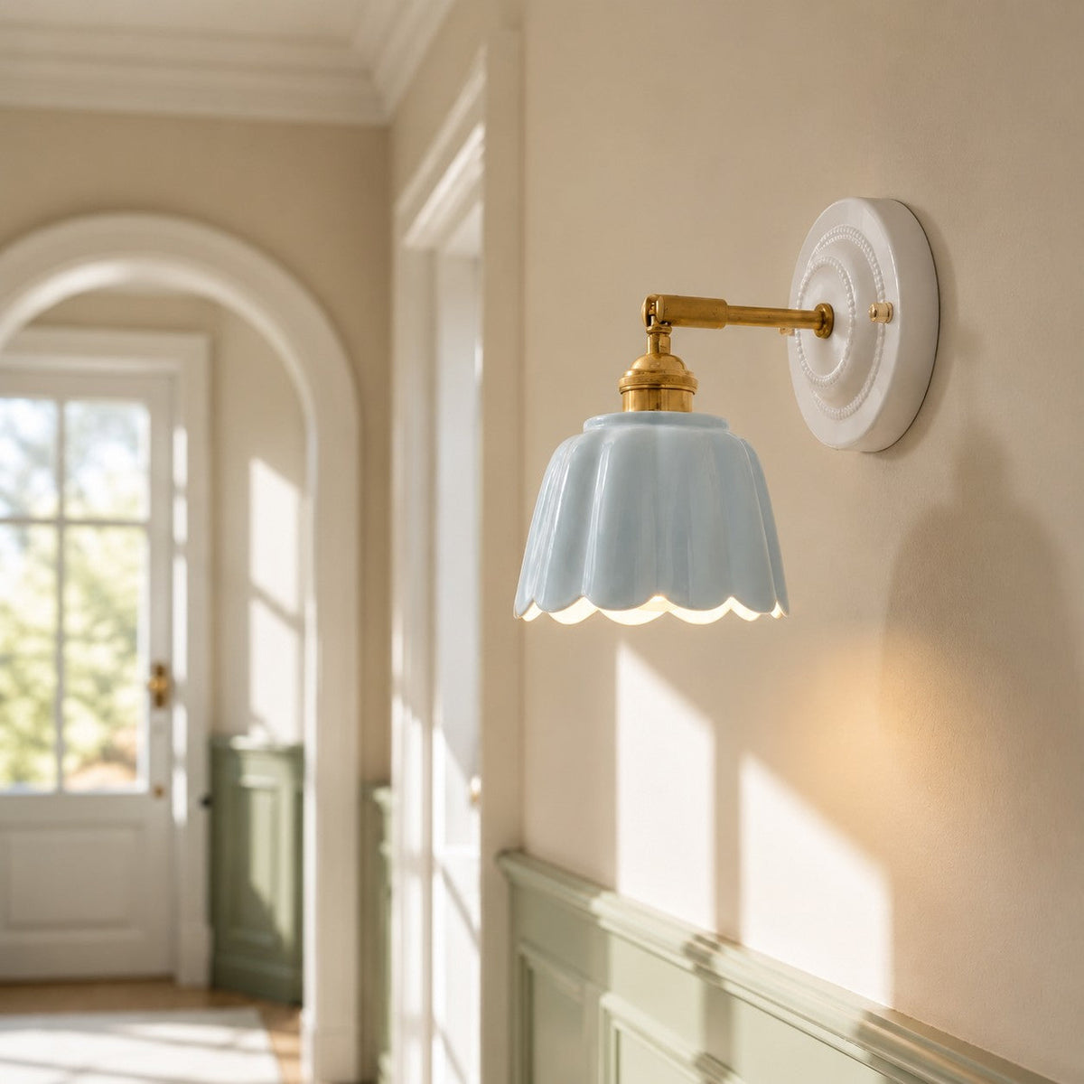Scalloped Ceramic Wall Sconce, Adjustable Arm Flower Light