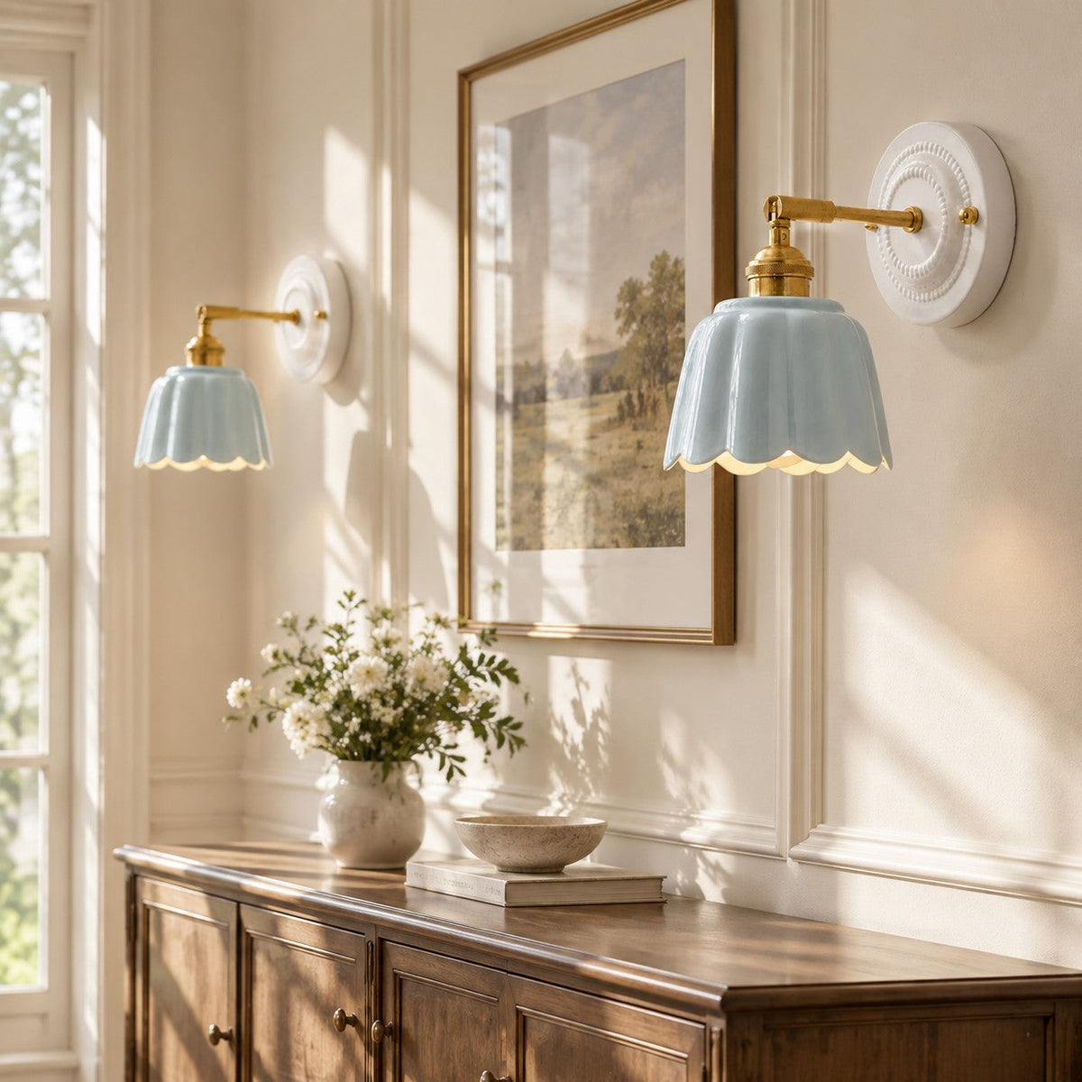 Scalloped Ceramic Wall Sconce, Adjustable Arm Flower Light