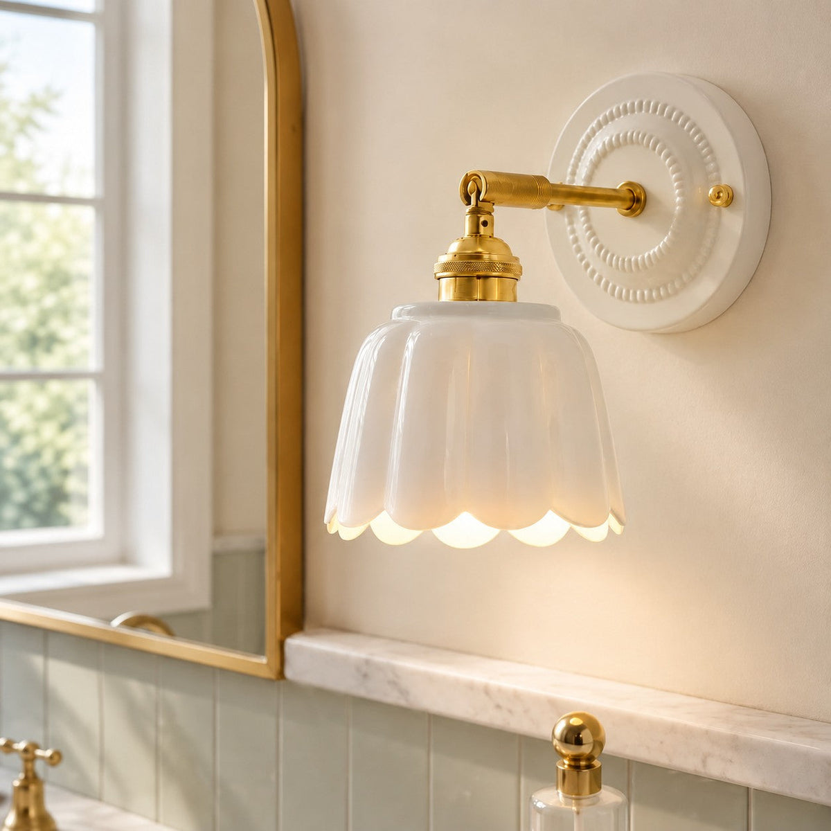 Scalloped Ceramic Wall Sconce, Adjustable Arm Flower Light