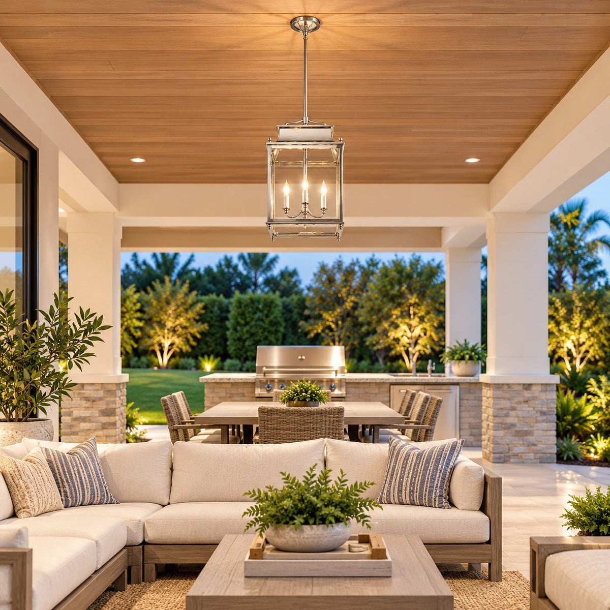 Outdoor Lantern Pendant Light, 4-Light Clear Glass Porch