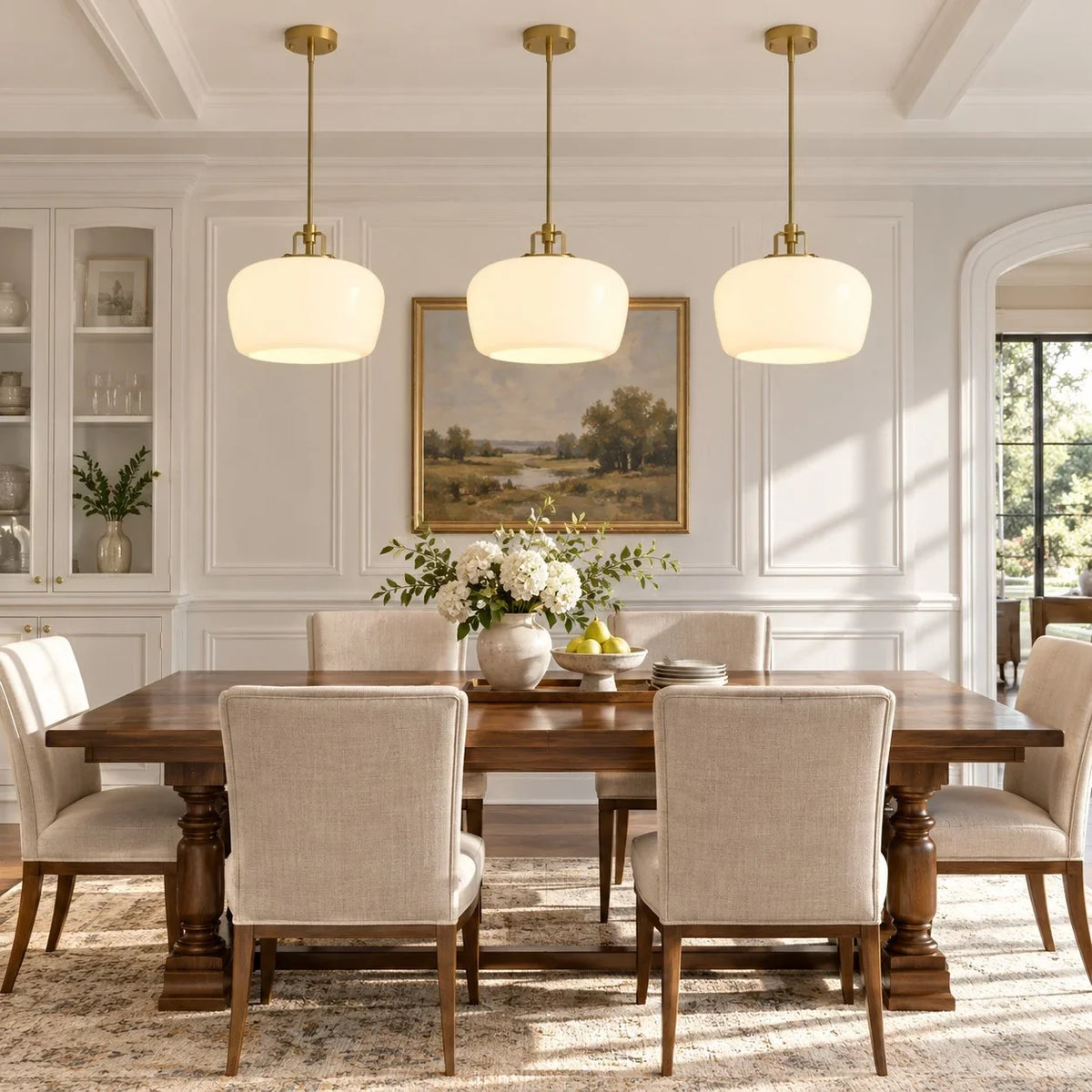 Milk Glass Pendant Light, 15 in Antique Brass Kitchen Light