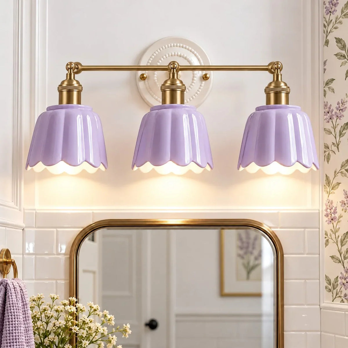 Ceramic Vanity Light, Scalloped Flower 2 or 3 Light Sconce