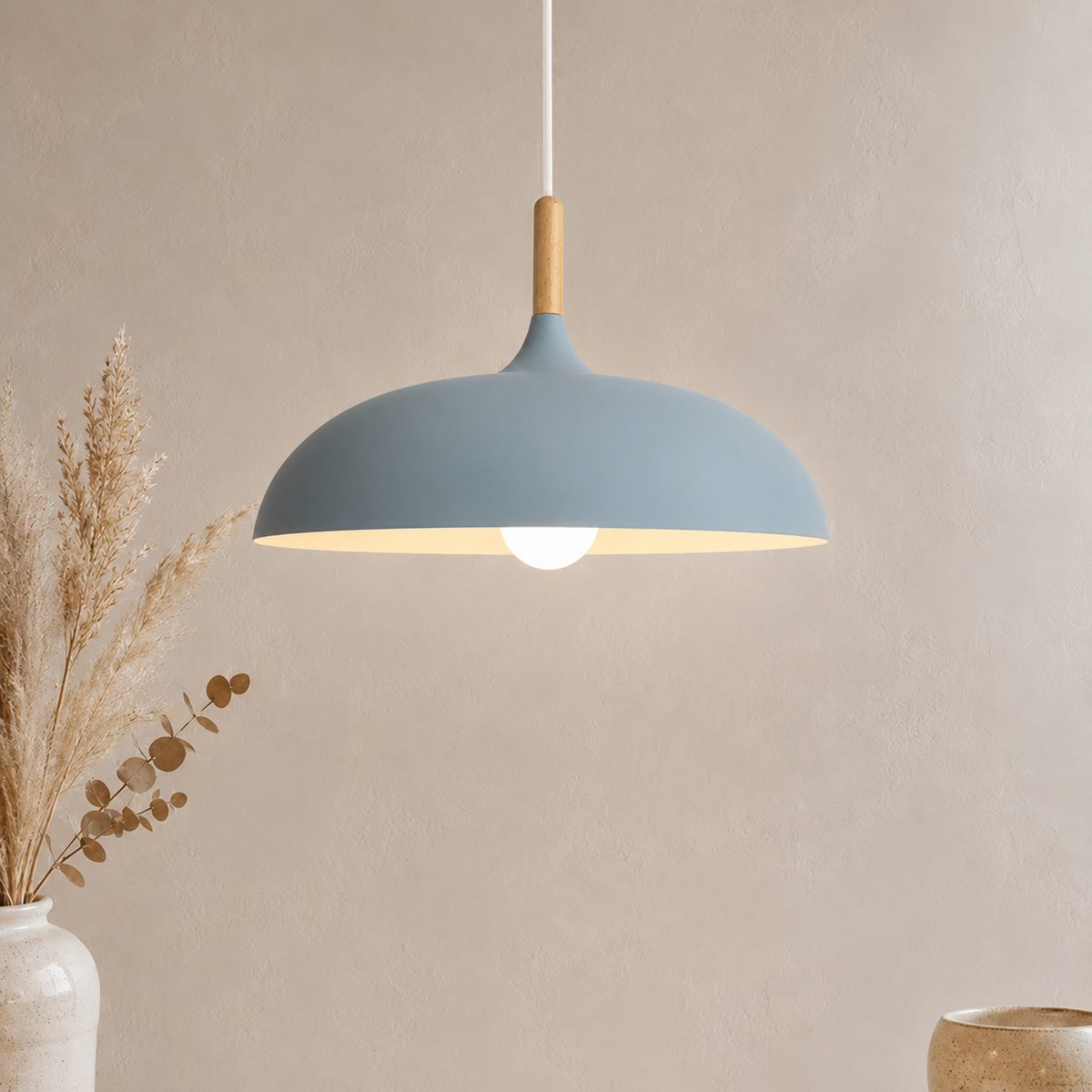 Bauhaus Dome Pendant Light, Wood and Aluminum Hanging Lamp