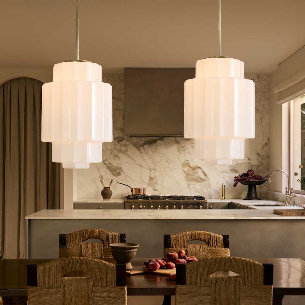 Tiered Glass Pendant Light, Opal Milk Glass, Antique Brass