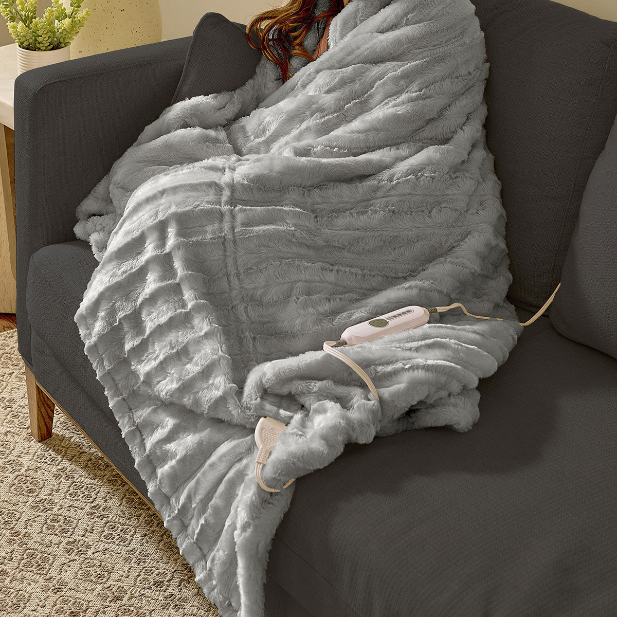 Faux Fur Heated Throw, Oversized with Plush Sherpa Lining
