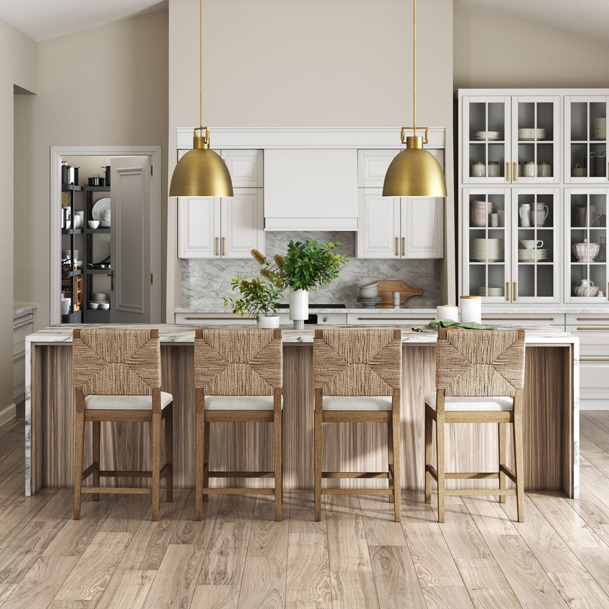 Boucle Counter Height Bar Stool, Woven Seagrass Back