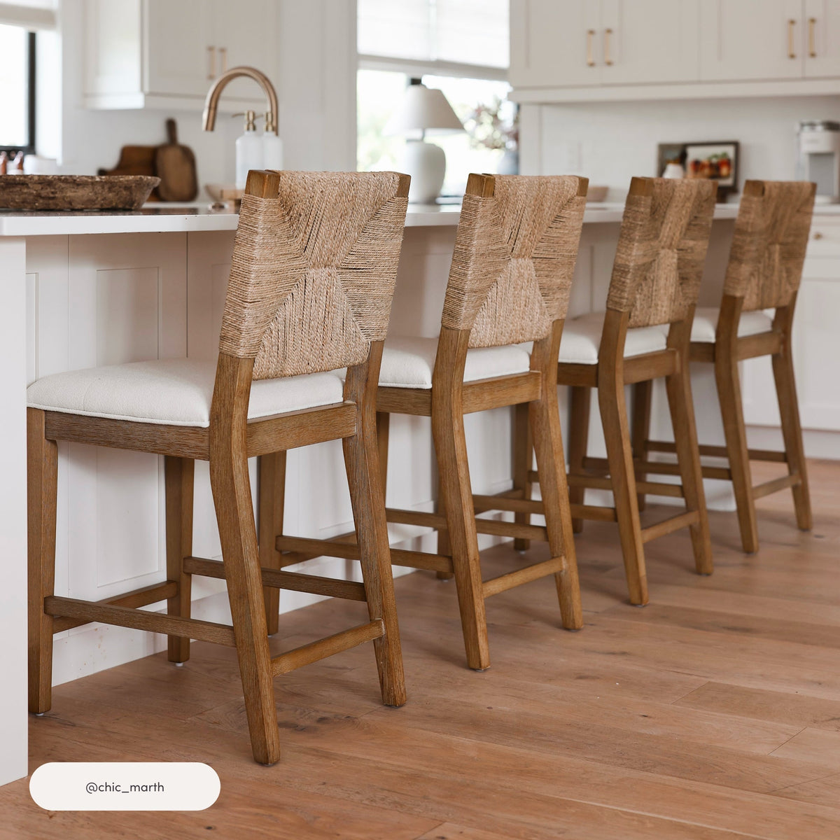 Boucle Counter Height Bar Stool, Woven Seagrass Back