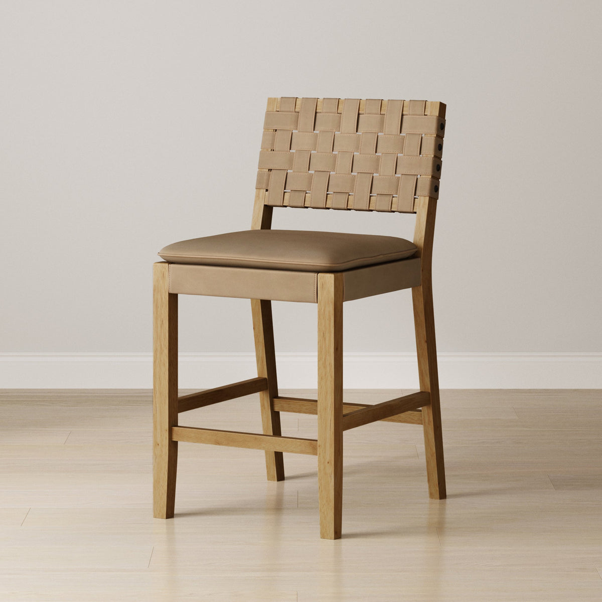 Woven Back Counter Height Bar Stool, Pine and Faux Suede