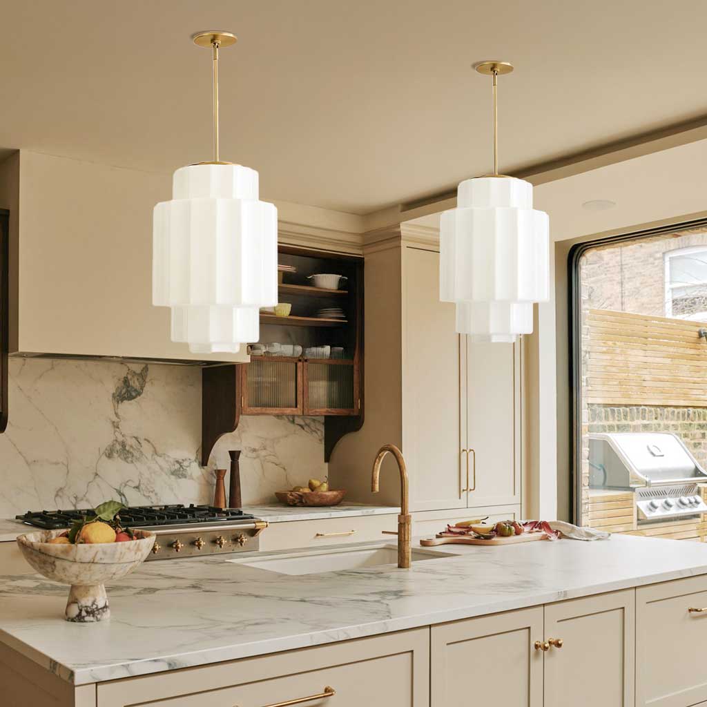 Tiered Glass Pendant Light, Opal Milk Glass, Antique Brass