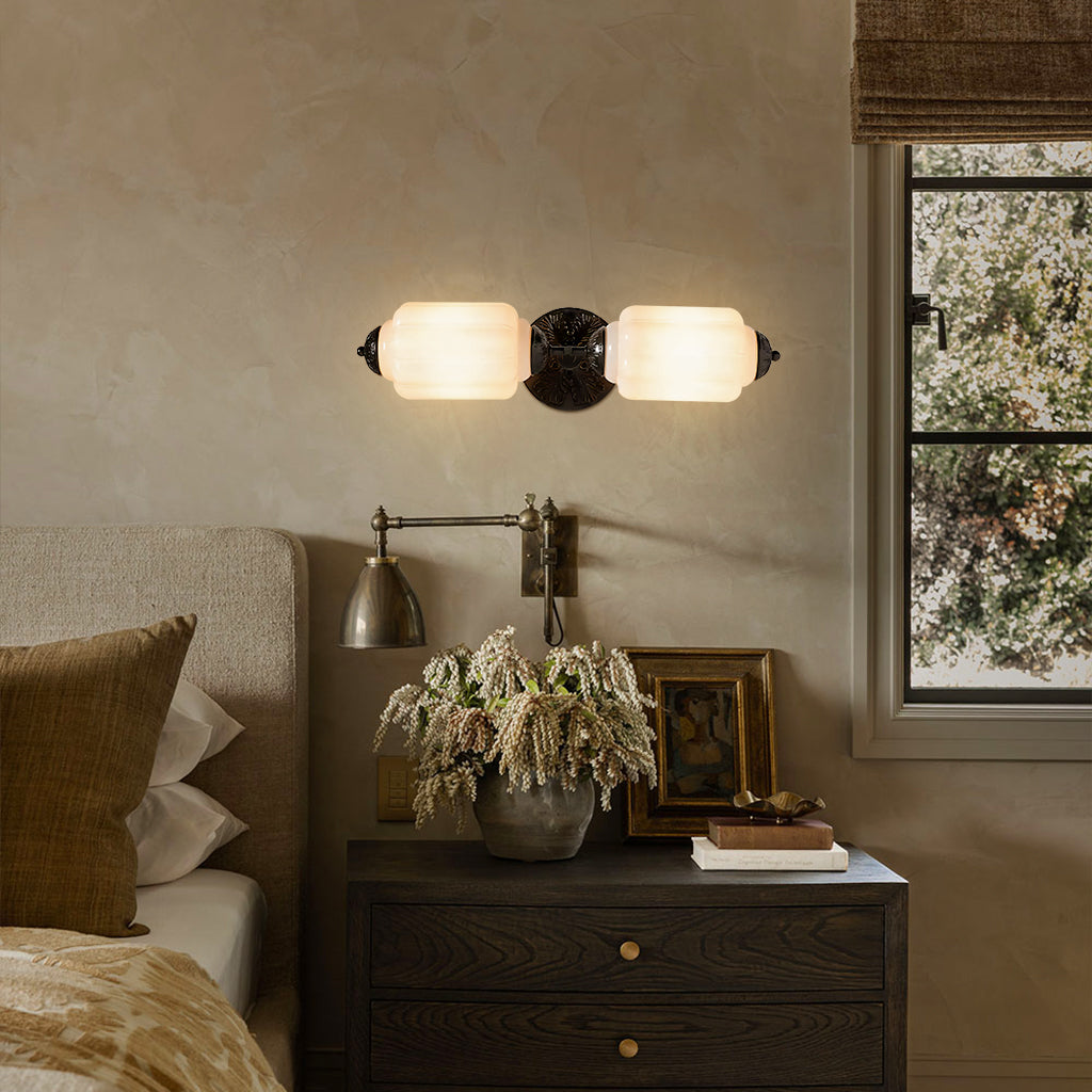 Milk Glass Vanity Light, Art Deco 2-Light Brass or Black