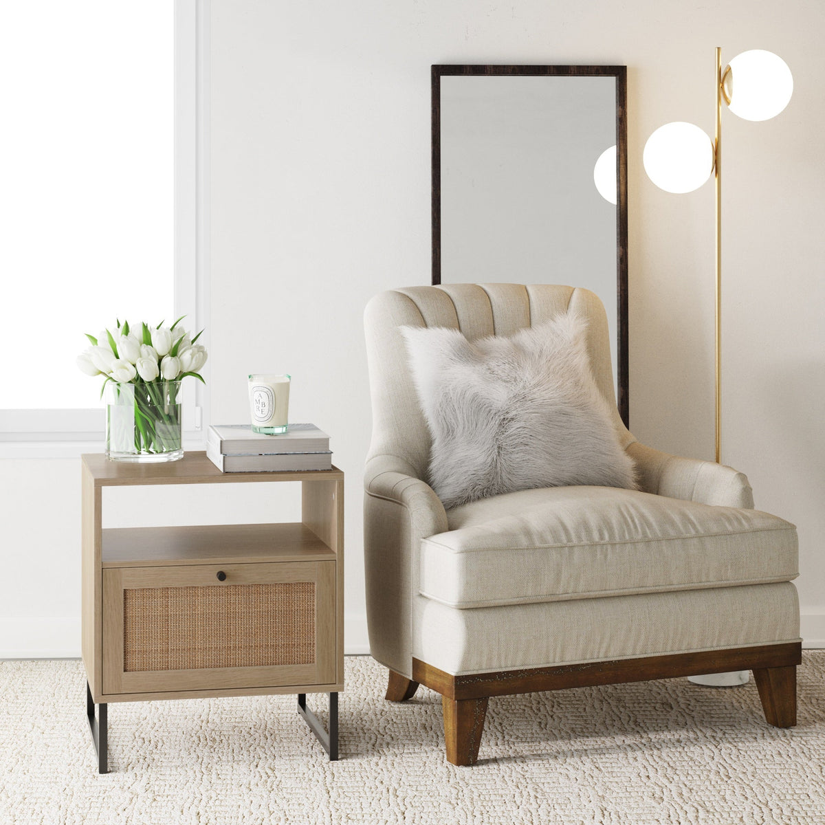 Cane Door Nightstand, Light Oak Bedside Table
