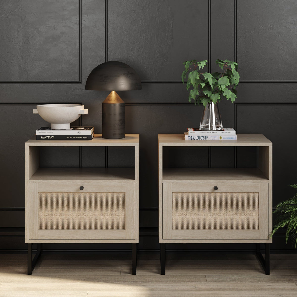 Cane Door Nightstand, Light Oak Bedside Table