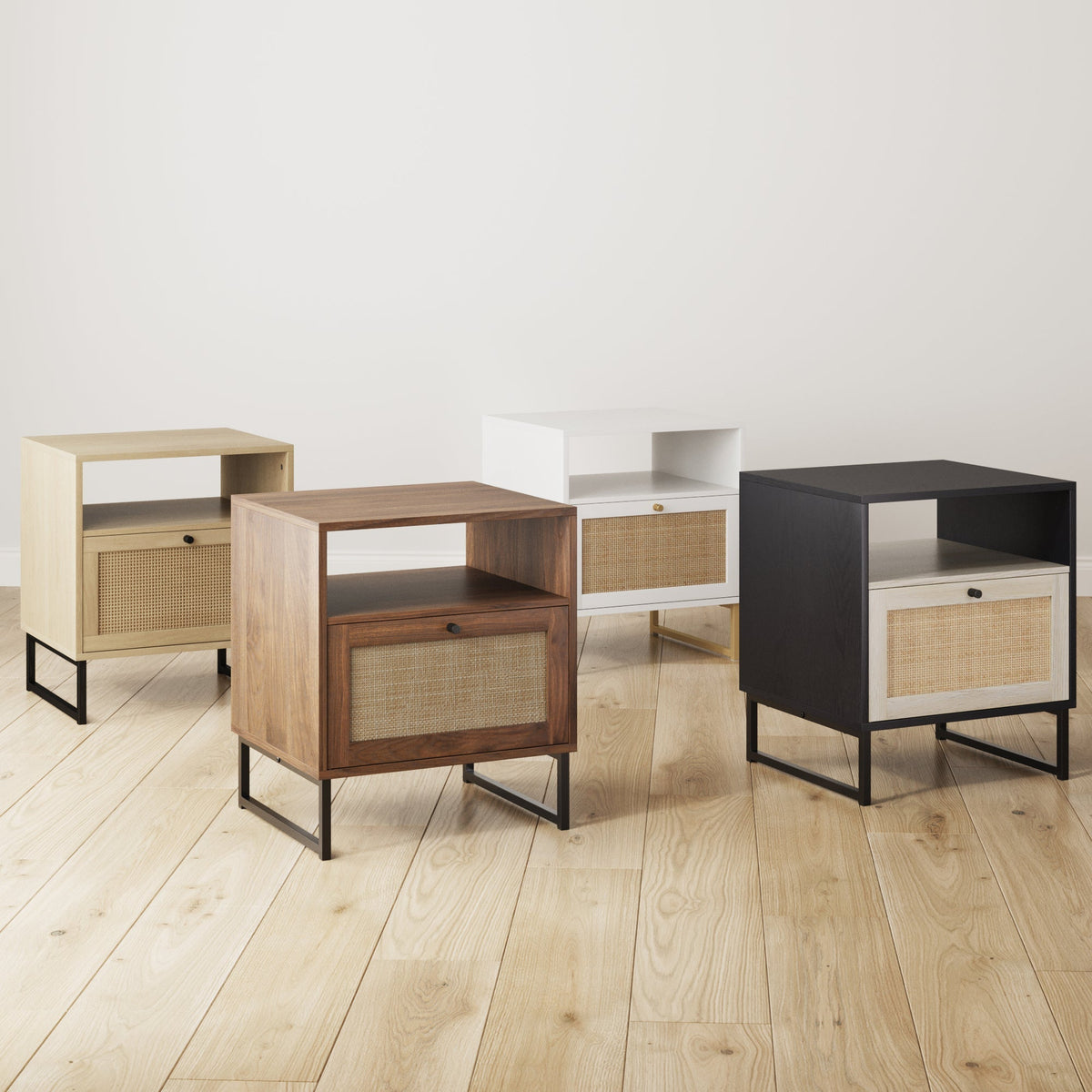 Cane Door Nightstand, Light Oak Bedside Table